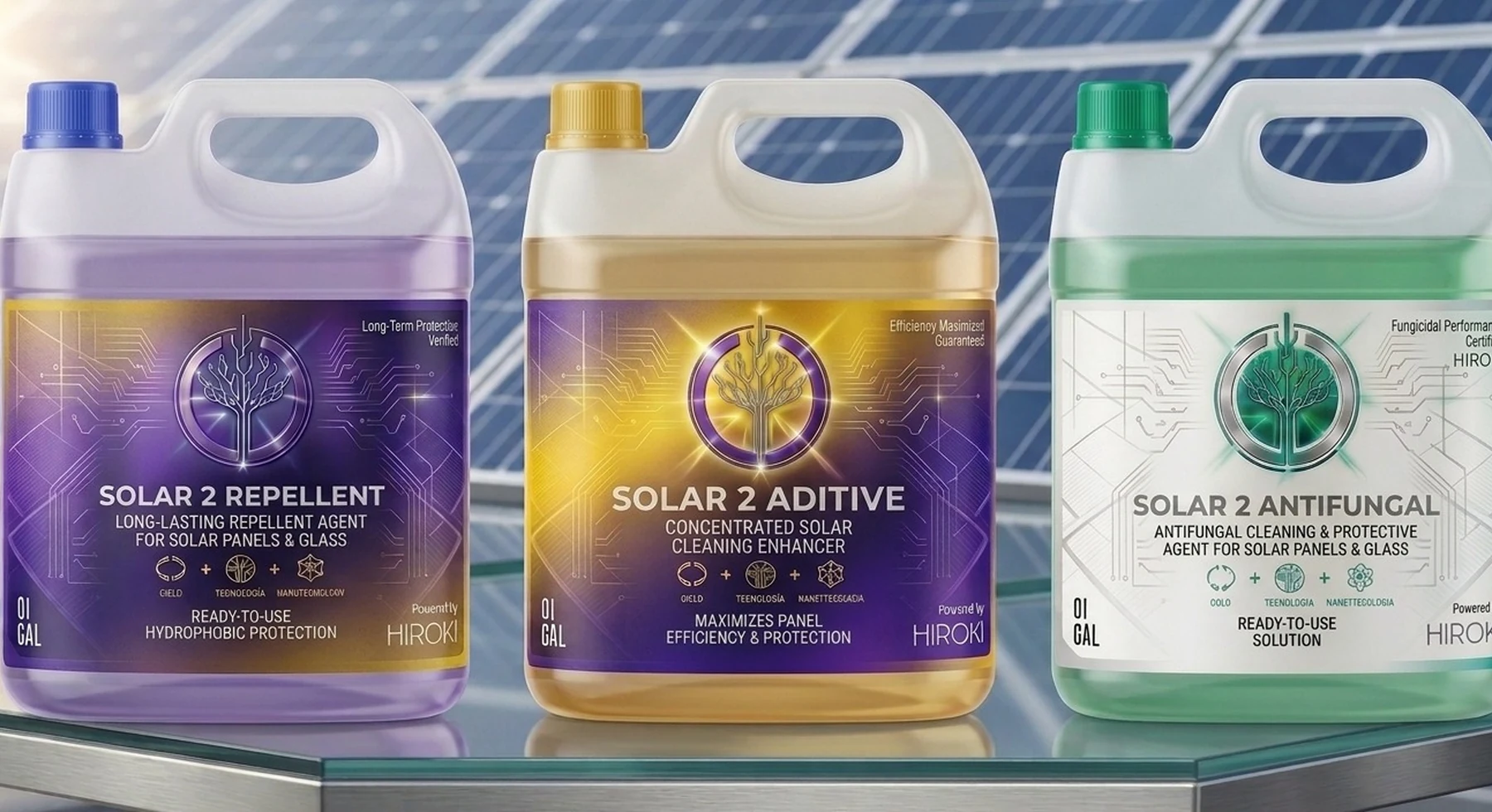 Galones de Solar2Clean sobre paneles solares
